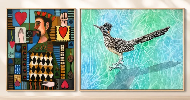 Two framed artworks hang side by side: a colorful geometric portrait by Frank Rimbach and a watercolor roadrunner by Sue Ann Glenn.