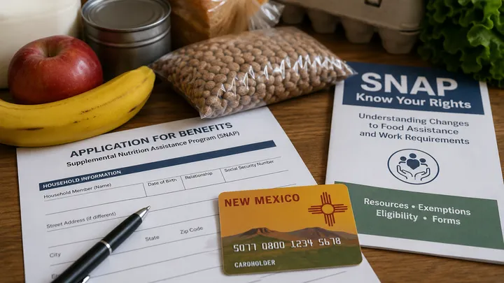 A SNAP benefits card rests beside groceries and printed application forms on a kitchen table.