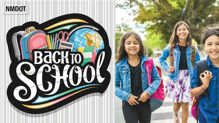Back-to-school safety graphic showing children with backpacks walking near a crosswalk beside illustrated school supplies and the words “Back to School.”