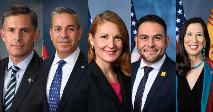 Portraits of Martin Heinrich, Ben Ray Luján, Melanie Stansbury, Gabe Vasquez and Teresa Leger Fernández arranged side by side.