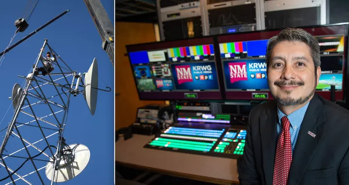 Composite image showing a worker on a KRWG-TV transmission tower and KRWG Public Media General Manager Adrian Velarde inside the station’s television control room.