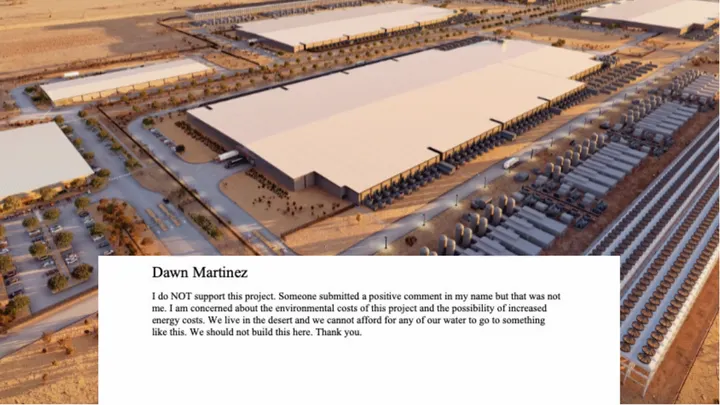 A rendering of Project Jupiter appears beside a public comment saying support for the project was submitted without the resident’s consent.