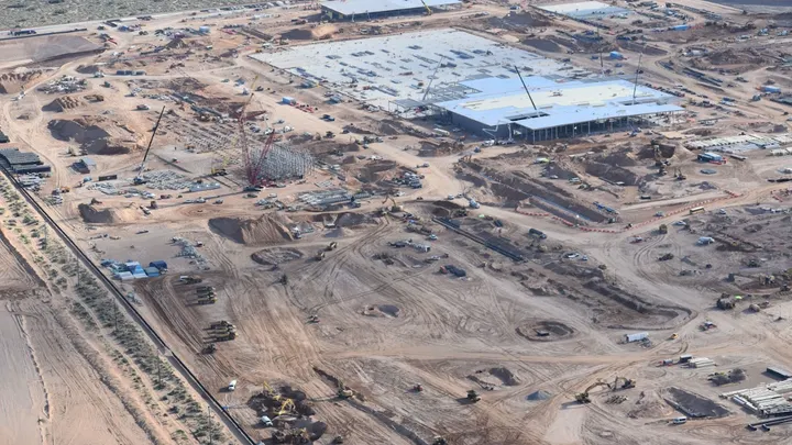 An aerial view shows construction underway June 26 at the Project Jupiter data center site in Doña Ana County.