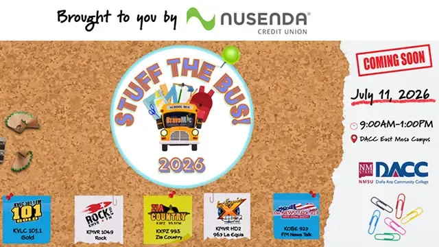 Stuff the Bus 2026 graphic with the July 11 event time, DACC East Mesa campus location and logos for Nusenda, DACC and Bravo Mic radio stations.