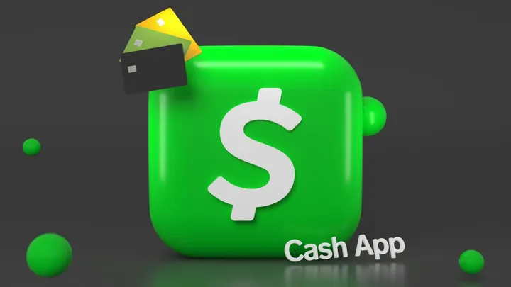 A bright green Cash App logo with a white dollar sign appears beside three debit cards against a dark background.
