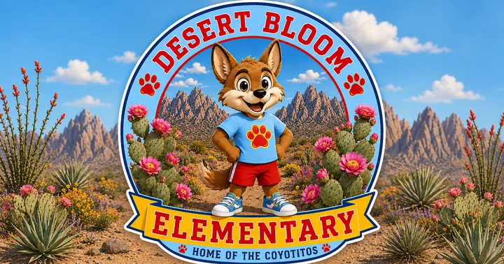 Desert Bloom Elementary School Coyotitos logo centered over a southern New Mexico desert scene with Organ Mountains, prickly pear cactus and ocotillo.
