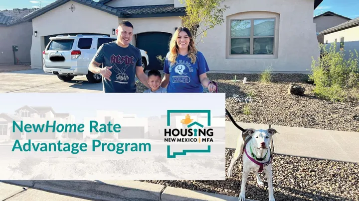 A family stands with a dog outside a newly built home beside a graphic promoting Housing New Mexico’s NewHome Rate Advantage Program.