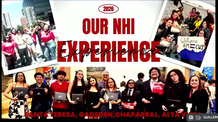 Presentation slide shows GISD students at the 2026 National Hispanic Institute program, including group photos and students holding awards and certificates.
