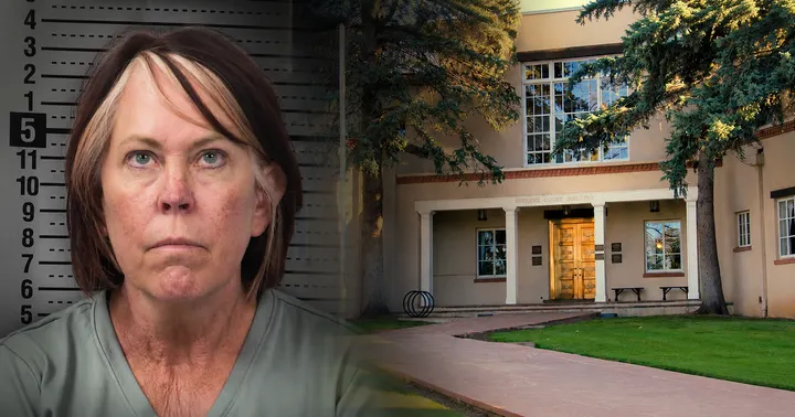 Composite image of Kimberly Ann Skaggs’ booking photo beside the New Mexico Supreme Court building in Santa Fe.