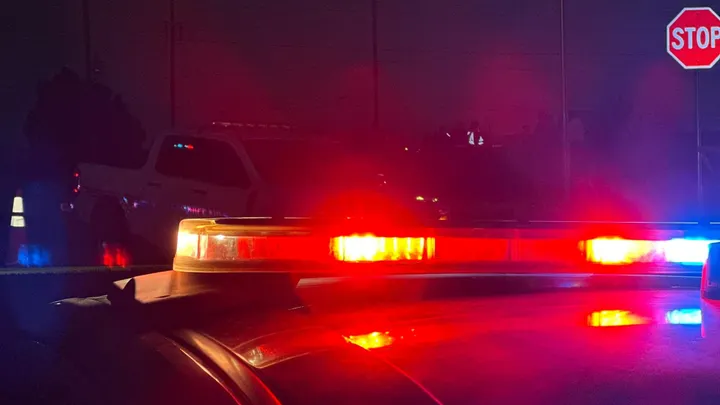 Las Cruces police vehicles with red and blue emergency lights at night near a residential area.