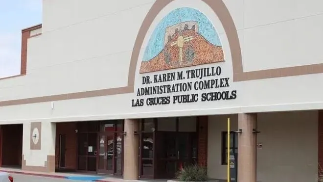 Exterior of the Dr. Karen M. Trujillo Administration Complex in Las Cruces, with the Las Cruces Public Schools name above the entrance.