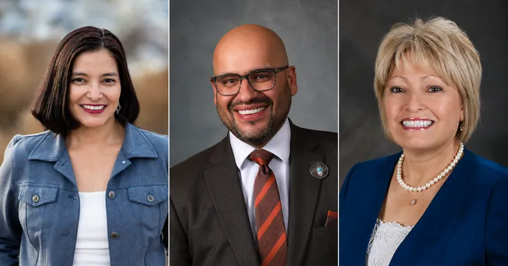 Lori Martinez, House Speaker Javier Martínez and Isabella Solis appear side by side in a three-panel portrait composite.