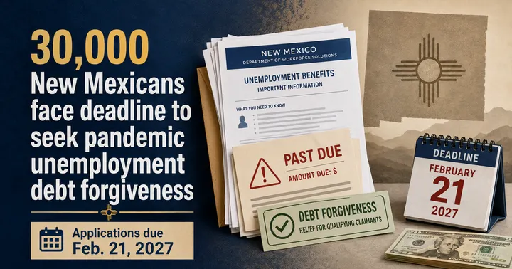 Graphic showing unemployment benefit paperwork, a debt forgiveness notice and a Feb. 21, 2027, deadline for nearly 30,000 New Mexicans.