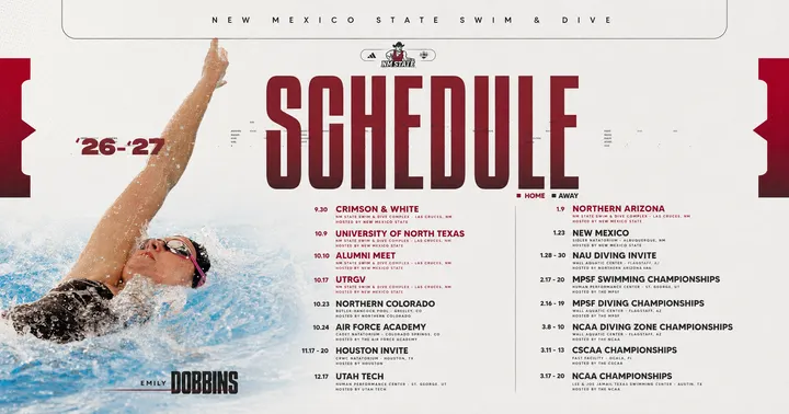 NM State Swim & Dive 2026-27 schedule graphic featuring swimmer Emily Dobbins and a list of home, away and postseason meets.