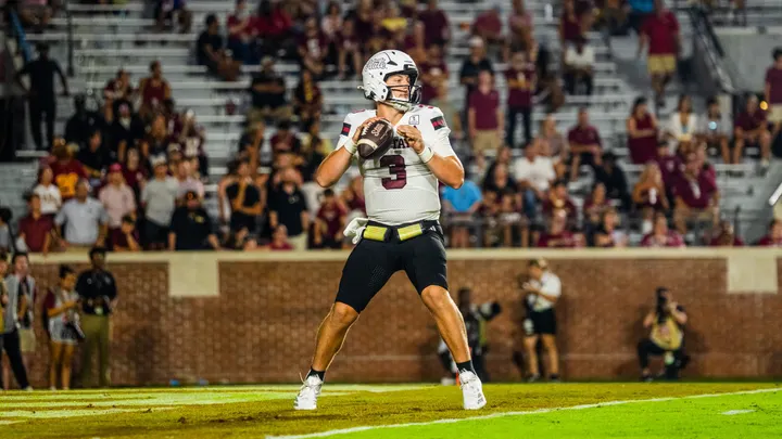 New Mexico State quarterback Trey Hedden prepares to throw a pass during the Aggies’ season opener at Florida State.
