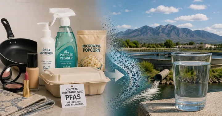 Consumer products, including cookware, cosmetics, cleaner and food packaging, appear beside wastewater infrastructure and a glass of water in a PFAS photo illustration.