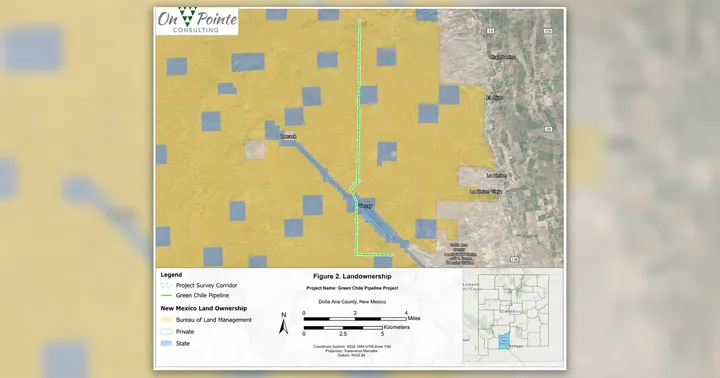 Map shows the planned Project Jupiter natural gas pipeline route through a patchwork of land ownership in southern New Mexico.