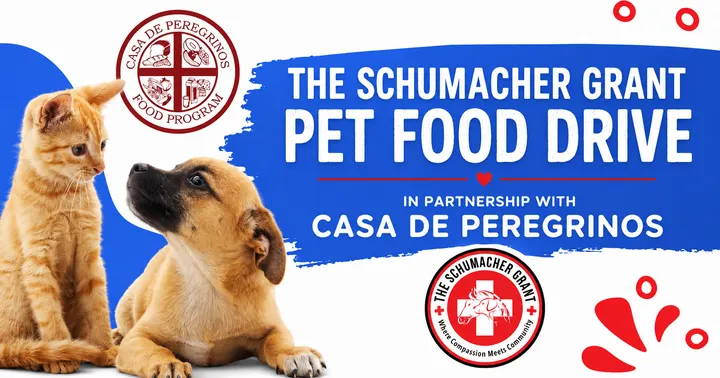 A graphic for the Schumacher Grant Pet Food Drive shows a kitten and puppy alongside logos for the Schumacher Grant and Casa de Peregrinos.