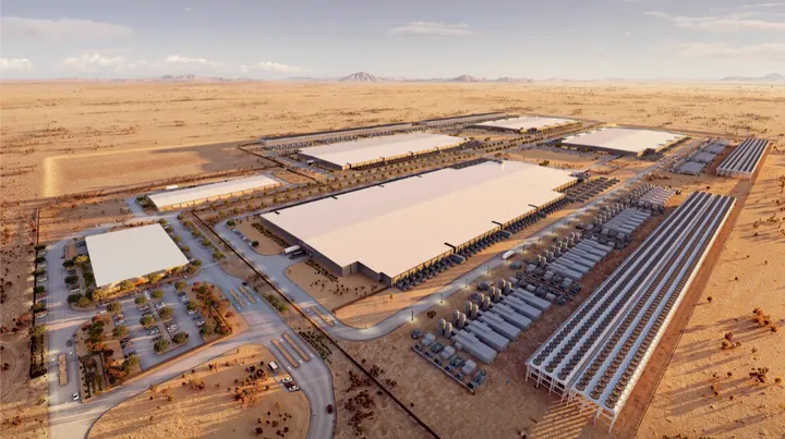 Rendering of the proposed Project Jupiter data center campus in Doña Ana County, showing multiple large buildings, parking areas and rows of cooling infrastructure in the desert landscape.