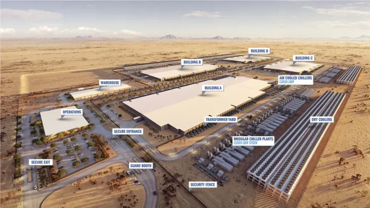 Rendering of Project Jupiter in Doña Ana County showing four large data center buildings, transformer yards and labeled closed-loop cooling equipment including chillers and dry coolers.