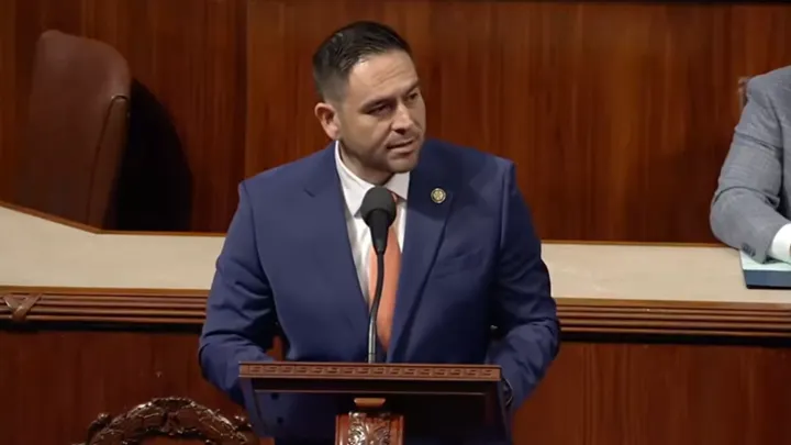 U.S. Rep. Gabe Vasquez speaks at a lectern on the floor of the U.S. House of Representatives.