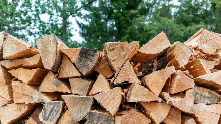Split firewood stacked outdoors, with trees visible in the background.