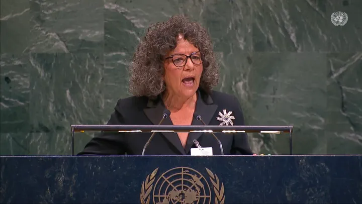 Tina Cordova speaks before the United Nations General Assembly during an Aug. 31, 2026, event marking the International Day against Nuclear Tests.