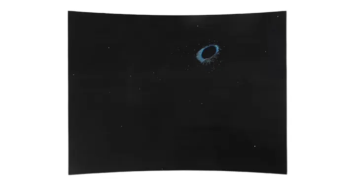 Marietta Patricia Leis’ Susumed, a curved black birch wood panel with a small blue-ringed dark form near the upper center and scattered points of color.