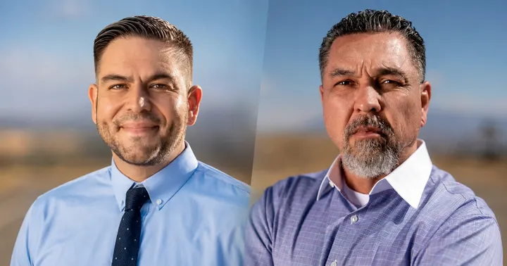 Side-by-side portraits of NM-02 candidates U.S. Rep. Gabe Vasquez, left, and Greg Cunningham.