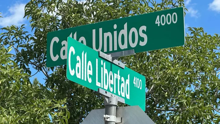 Green street signs mark the intersection of Calle Libertad and Calle Unidos in Las Cruces, with leafy trees and a blue sky in the background.