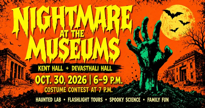Halloween graphic for NMSU's Nightmare at the Museums, Oct. 30, 6-9 p.m., featuring a green zombie hand, orange sky, full moon and spooky yellow lettering.