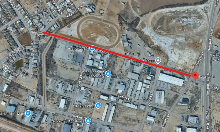 Satellite map of Futurity Drive in Sunland Park, with a red line marking the reconstruction corridor between San Gabriel Road and Trifecta Avenue.