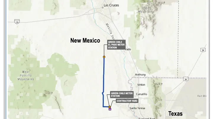 Map showing the proposed Green Chile Project natural gas pipeline route through New Mexico to serve Project Jupiter.