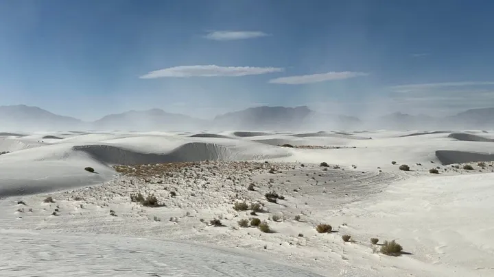 White gypsum sand dunes stretch across White Sands National Park in southern New Mexico beneath a blue sky.