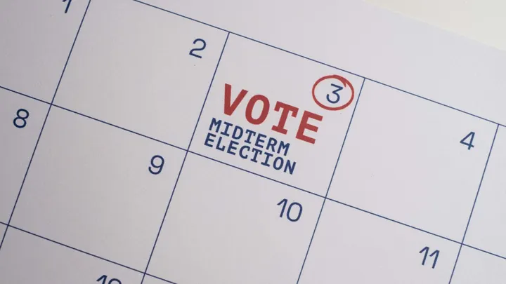 Close-up of a calendar with Nov. 3 circled in red and marked “Vote Midterm Election” for the 2026 general election.