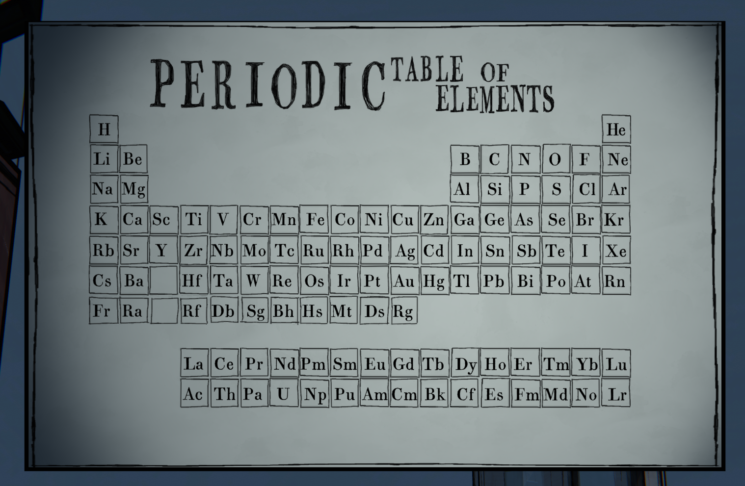 Screenshot of Blue Prince game, showing a hand-drawn, black-on-white periodic table. The lower block is lanthanides/actinides, and elements 112-118 are not present.