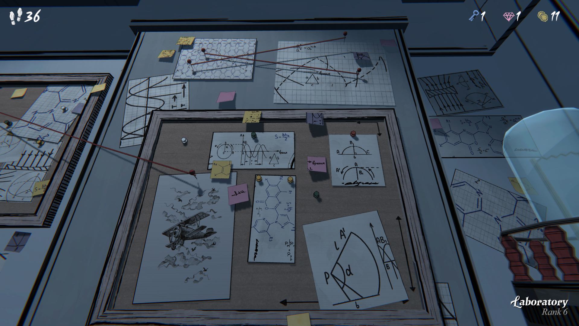 Fullscreen screenshot of Blue Prince, in the Laboratory. The camera is angled upward, looking at a wall with lots of drawings, Post-Its, graphs, even red string connections.