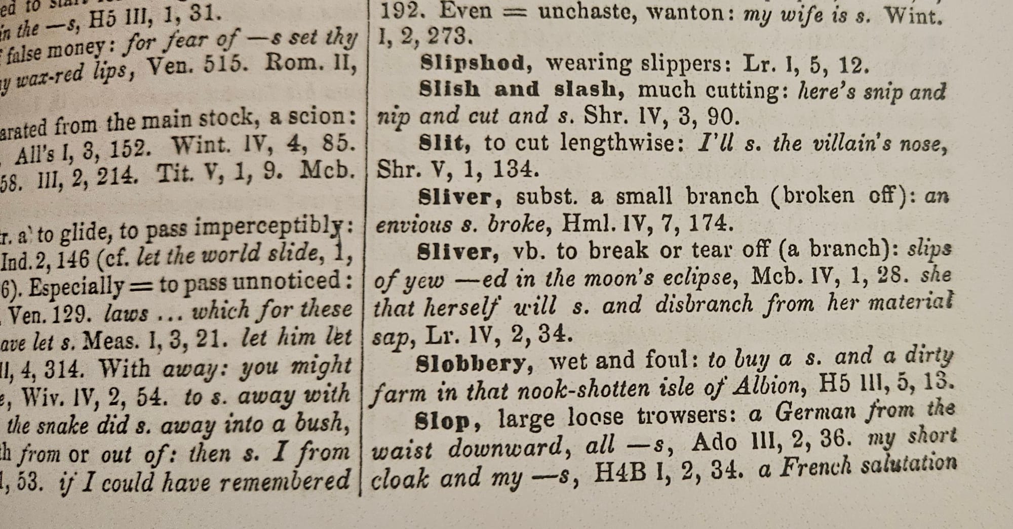 The page of a Shakespeare's words lexicon book. Notably: "Slop, large loose trowsers" in the bottom corner.