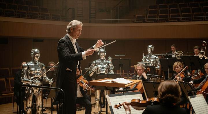 Conductor conducting an orchestra with human and robot players