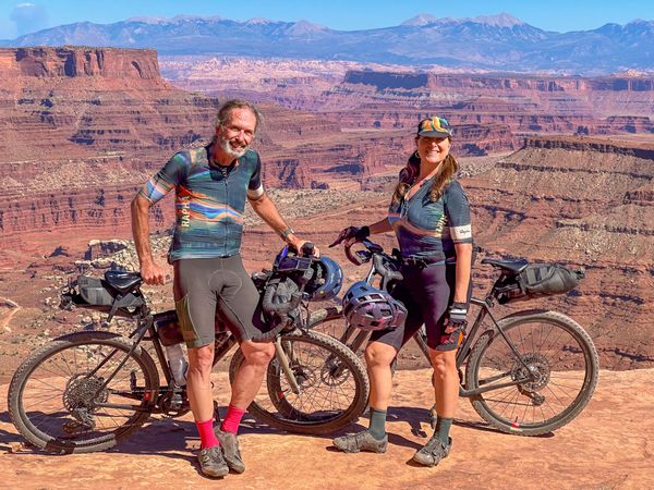 Amy and James Thomas riding Shafer Road in Canyonlands National Park, Utah