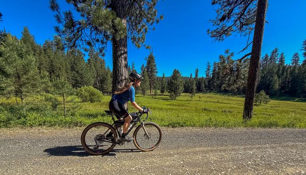 bicycle on gravel road in front of a meadow
