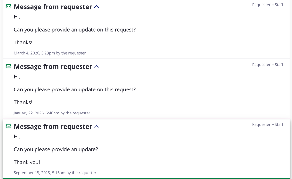 Series of messages over months reading "Hi, Can you please provide an update? Thanks!" in the NextRequest platform.