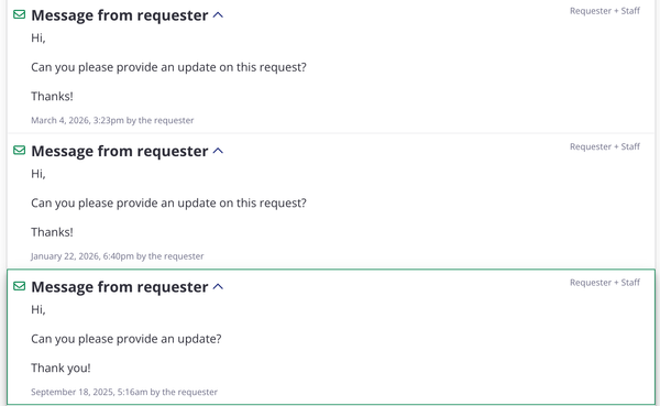Series of messages over months reading "Hi, Can you please provide an update? Thanks!" in the NextRequest platform.