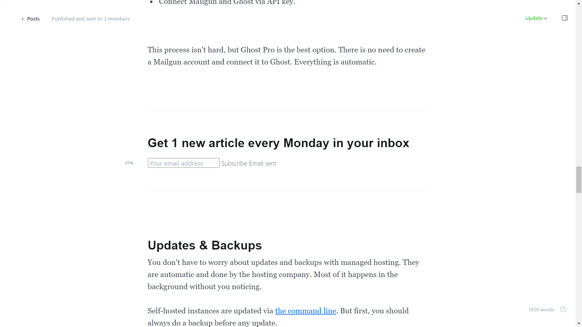 Sign-up form without the CSS style on Ghost editor.