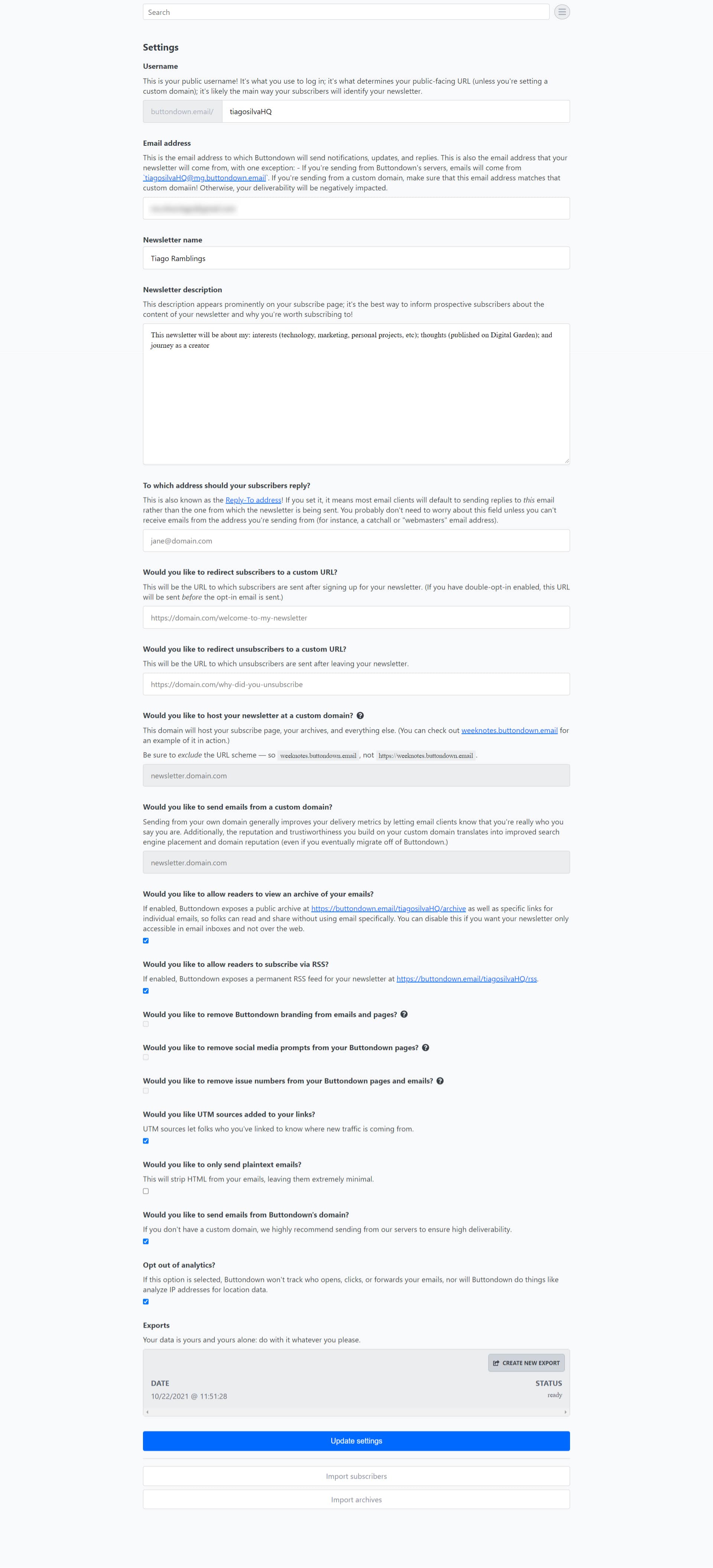 This shows all the settings on Buttondown settings page.