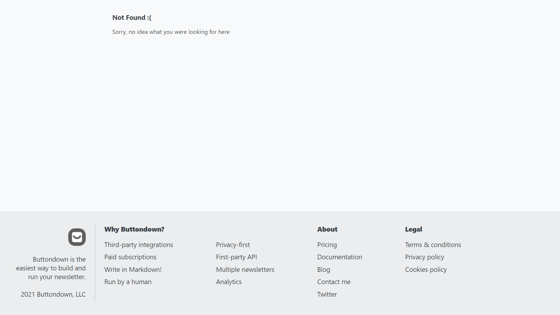 This page shows a 404 message error on Buttondown.