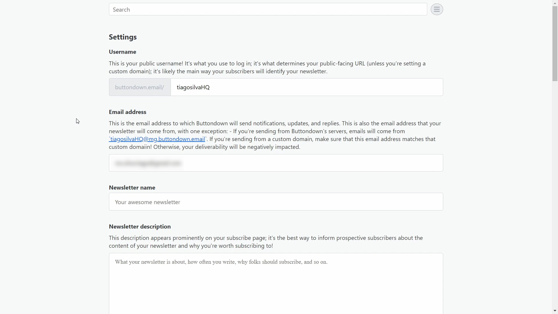 The image shows the some fields available inside Buttondown dashboard.