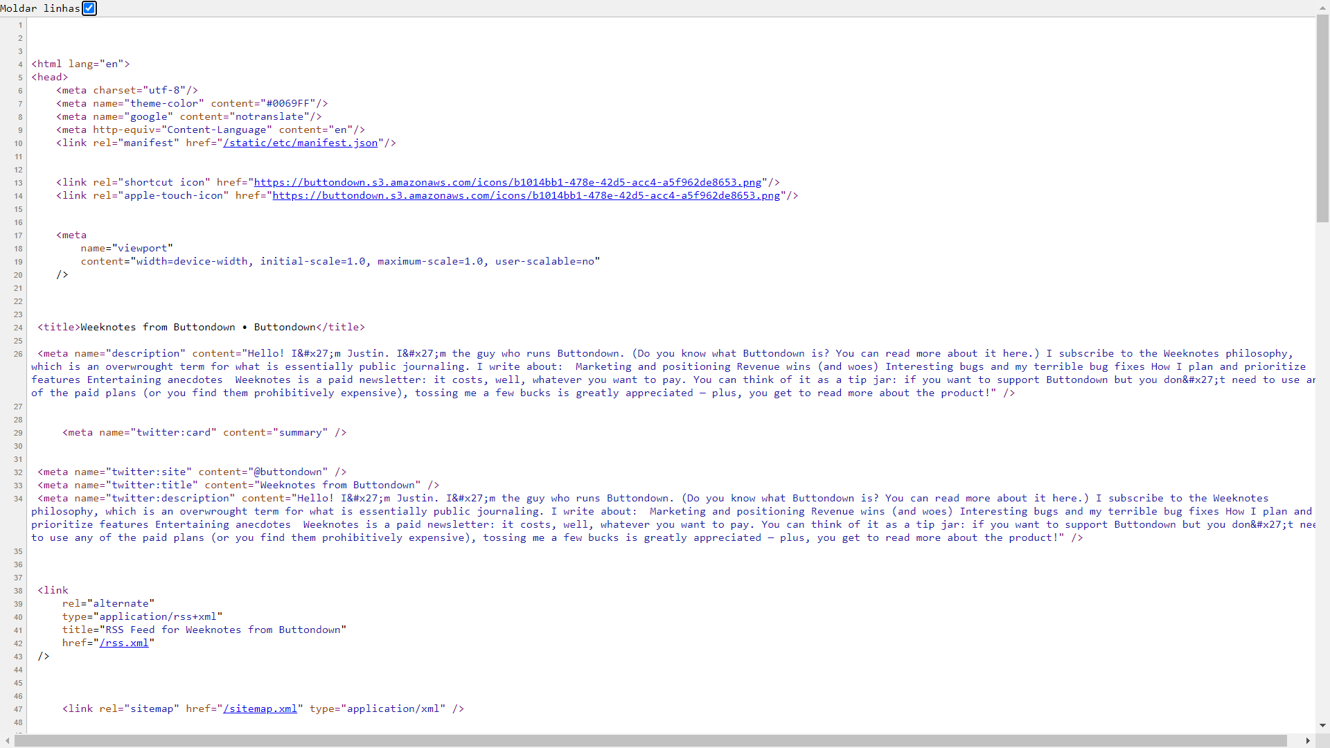 Source code of Weeknotes newsletter to show the absence of meta tags to improve search engine discoverability.