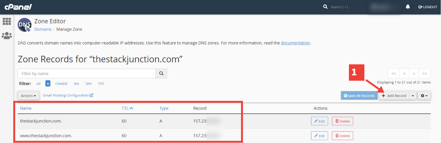 DNS A records for The Stack Junction website.