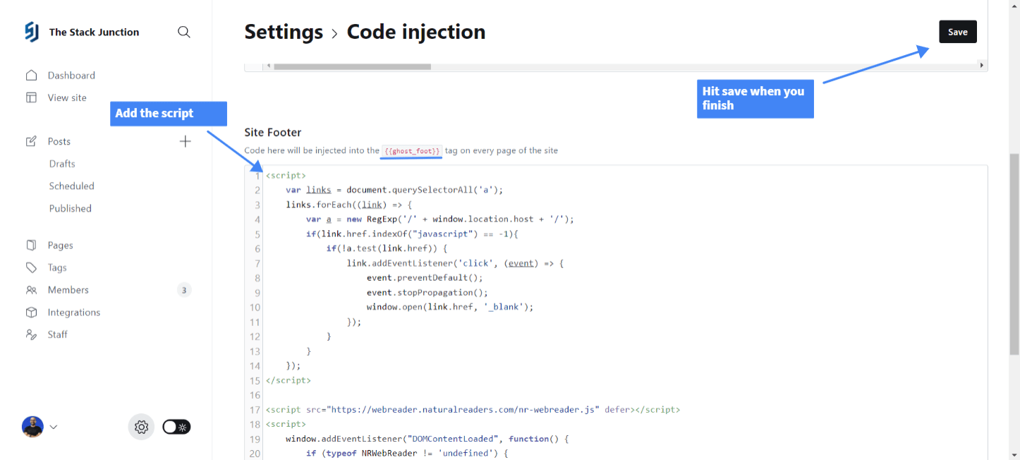 Pasting the script in the site footer.